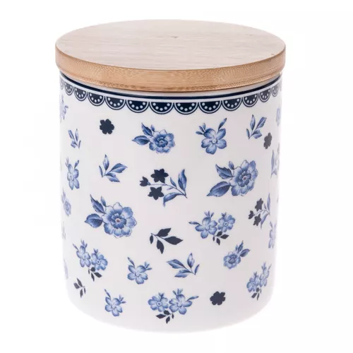 Recipient din porțelan cu capac din bambus  Floral, 600 ml