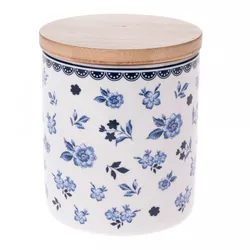 Recipient din porțelan cu capac din bambus  Floral, 600 ml