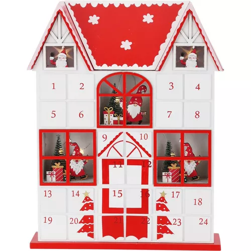 Calendar de advent cu lumini LED Casa lui MoșCrăciun roșu, 29 x 7 x 37 cm