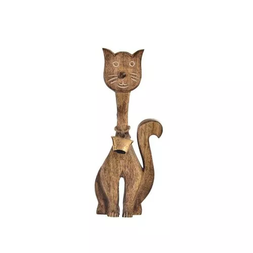 Pisică din lemn de mango cu clopoțel InDecor, 10 x 4 x 30 cm