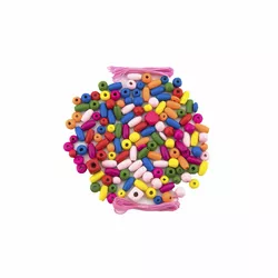Mărgele colorate Teddies, din lemn, cu elastice, cca 900 buc., în doză din plastic 9 x 13,5 cm