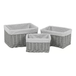 Set coșuri de răchită pentru rafturi Buline gri, 3 bucăți, 3 dimensiuni, 48 x 25 x 39 cm