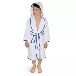 Halat frote pentru copii, alb cu tiv albastru, 80 cm
